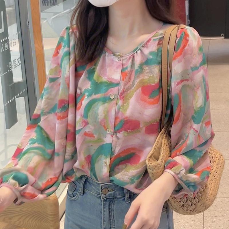 Áo Sơ Mi Hoa Dài Tay, Phong Cách Đất Bị Bỏ Rơi, Ngọt Ngào Và Tự Nhiên, Thời Trang Hồi Giáo, Phong Cách Hàn Quốc, Thanh Lịch, Ngoại Cỡ, Thường Ngày Và Dáng Rộng Vừa Vặn, Áo Tay Bong Bóng 0