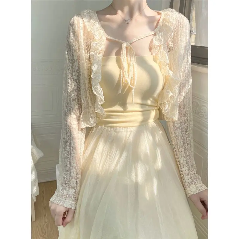 Áo Cardigan Buộc Dây Ren, Màu Mơ, Có Cổ Ren, Chống Nắng, Áo Điều Hòa, Voan Mỏng Mùa Hè, Phong Cách Nhẹ Nhàng Và Thanh Lịch, Khăn Choàng Cổ Chữ V