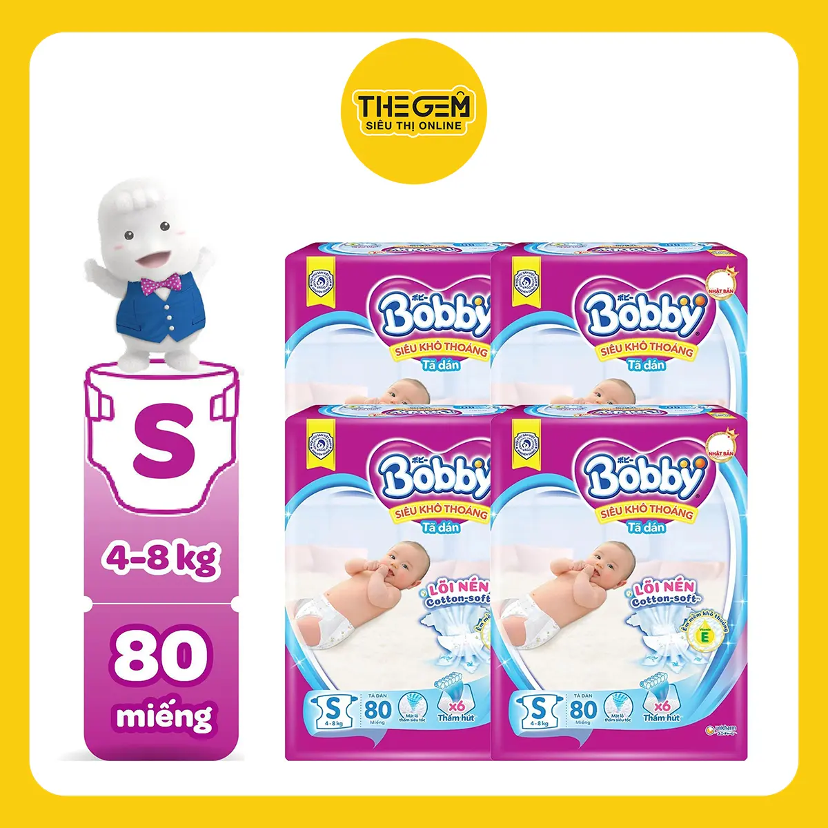 (SS) [COMBO 4] Bobby Tã dán S80/M76/L68/XL62/XXL56 Siêu khô thoáng Lõi nén cotton-soft Cho Bé