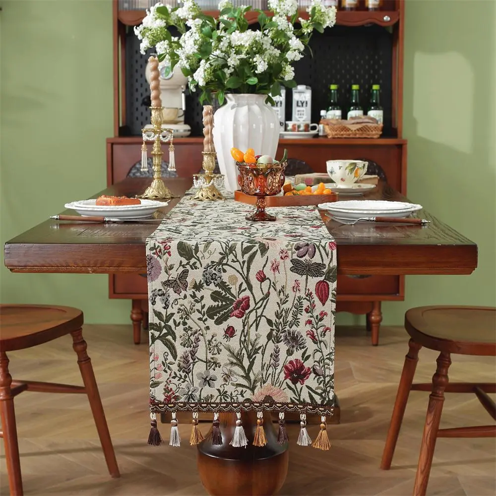 Floral & Tassel Pattern Table Runner, 1 Count Vintage Style Tablecloth, Table Decoration Supplies for Home Kitchen Dining Room