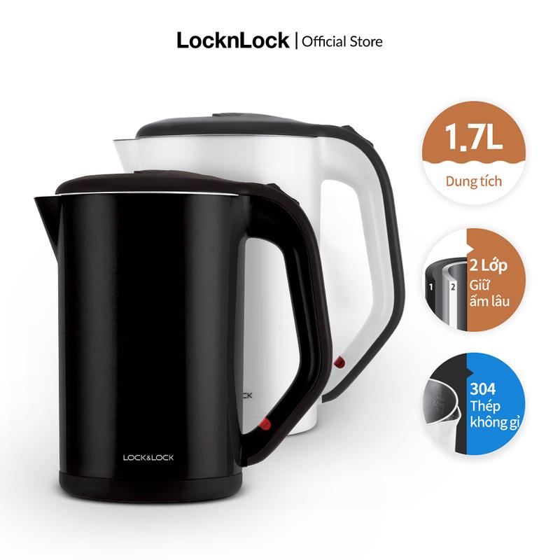 Bình Đun Nước Siêu Tốc LocknLock EJK738 - Trắng/Đen - Dung tích 1.7L - Công suất 1800W - Vật liệu thép không gỉ an toàn - Thân Ấm Siêu Tốc 2 lớp cách nhiệt