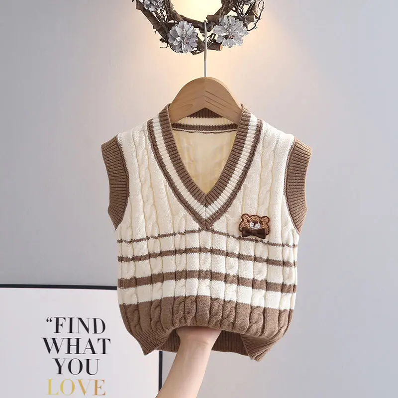 Áo Vest Dệt Kim Cho Trẻ Em, Thời Trang Phong Cách Hàn Quốc, Có Thể Mặc Ngoài Trời, Cho Bé Trai, Quần Áo Mùa Thu, Cổ Chữ V, Áo Gi-lê Len, Hàng Mới Về 2024