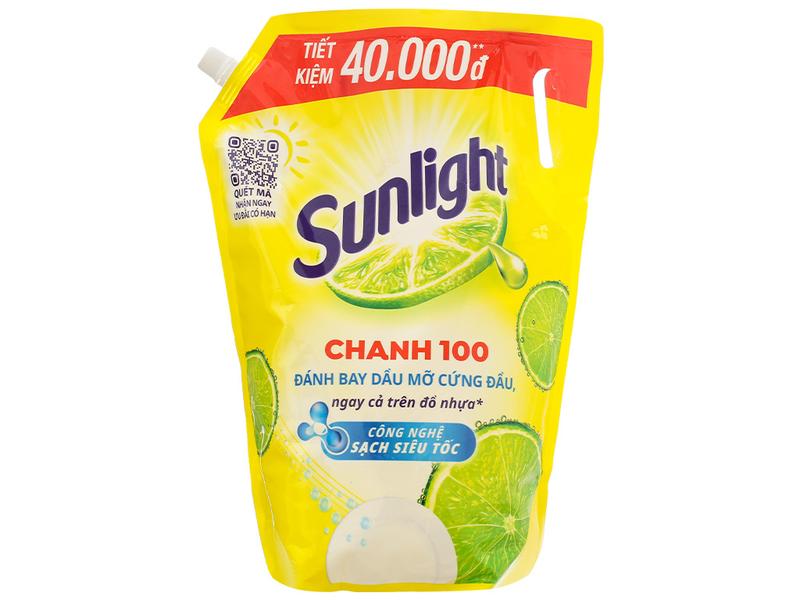 Nước rửa chén Sunlight Chanh 100 TÚI 3.1Kg đánh bay dầu mỡ cứng đầu