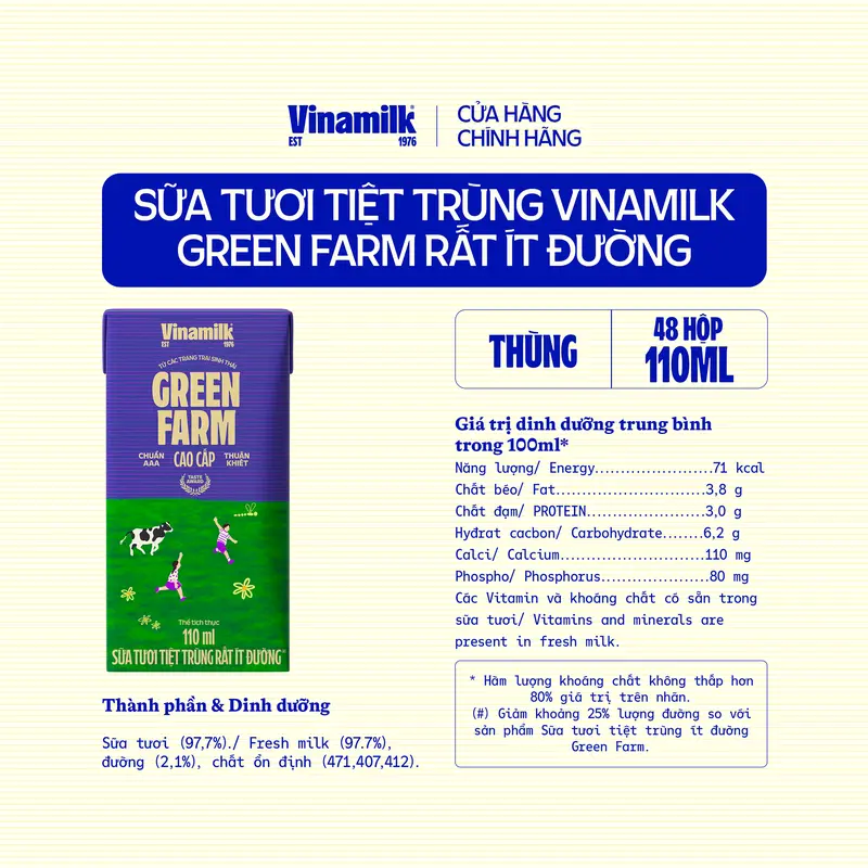 2 Thùng Sữa Tươi Tiệt Trùng Vinamilk Green Farm rất ít đường 110ml 48 hộp/thùng 4