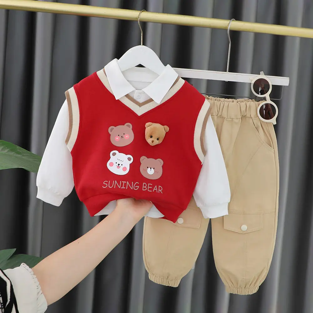 Quần áo mùa xuân cho bé trai, bộ đồ ba mảnh, phong cách phương Tây, quần áo trẻ em, bộ đồ đẹp trai và Hợp Xu hướng cho Em Bé Thích hợp cho mùa xuân và mùa thu, màu đỏ Tã