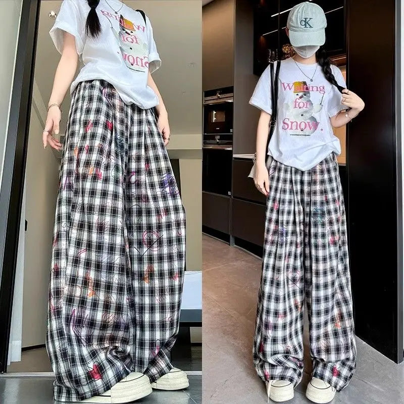 American Style Graffiti Plaid Pants Wide Leg 2025 Printed Summer Pants Women New Thin Loose Casual Pants Straight Leg