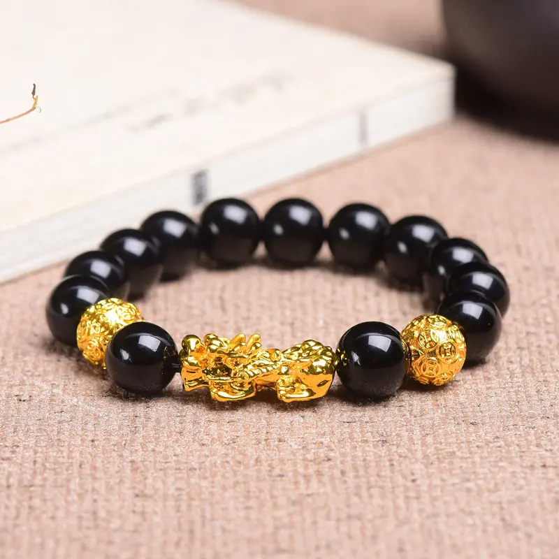 Gilt Pixiu Bracelet Imitation Obsidian Agate Bracelet 3d Long-Term Color Men's Electroplating Placer Gold Bracelet