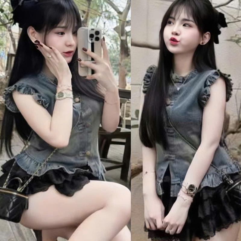 Set váy nữ jean thiết kế tay cánh tiên nút kiểu mix chân váy ren tầng dáng xòe [có lót] sang chảnh dành cho các nàng diện di chơi.