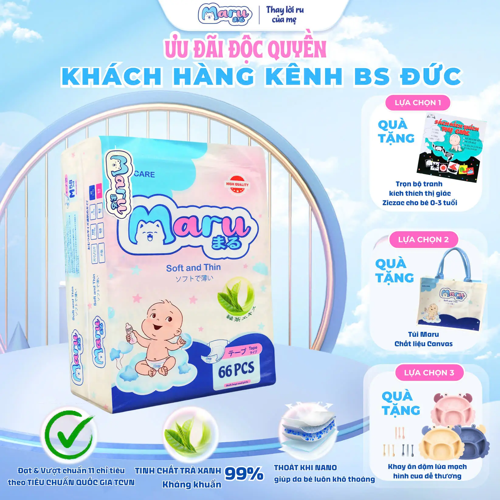 Tã Bỉm Maru Care Cho Bé - Được Kiểm Nghiệm Bới Tổng Cục Tiêu Chuẩn Đo Lường (Tặng kèm Khay ăn dặm/Túi Maru/Tranh Kích Thích Thị Giác)