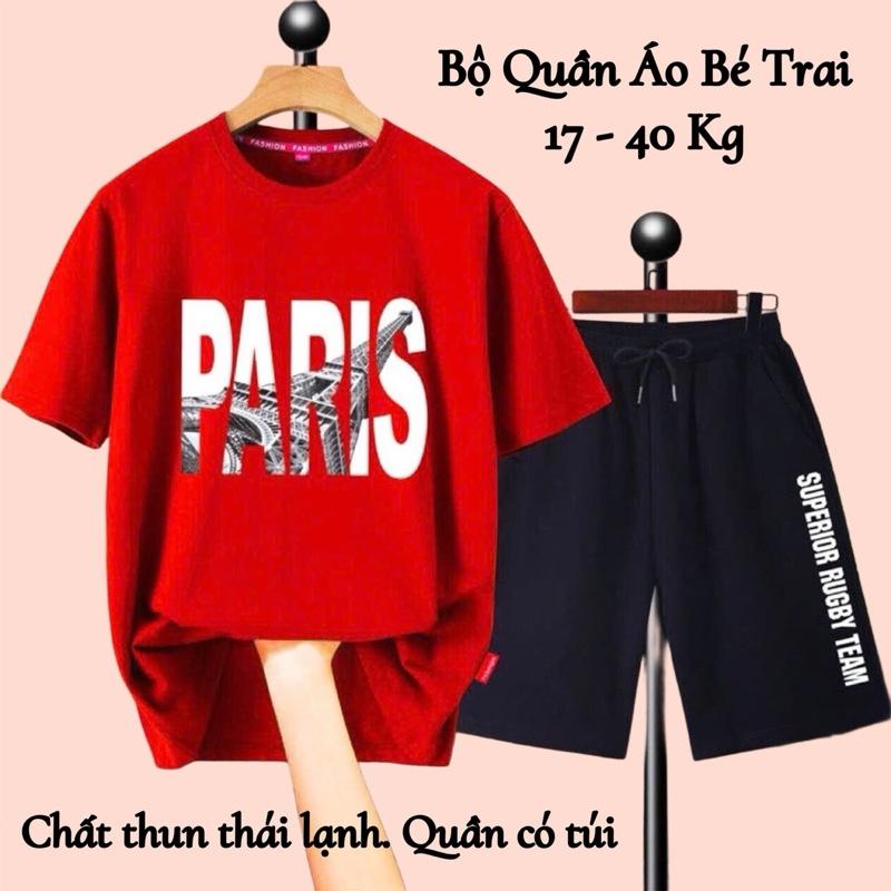 Bộ quần áo bé trai mùa hè size đại từ 17-40kg chất thun co giãn mềm mát dáng quần đùi áo cộc tay phong cách Hàn Quốc cho bé trai từ 5-14 tuổi Mã 29 Paris áo paris