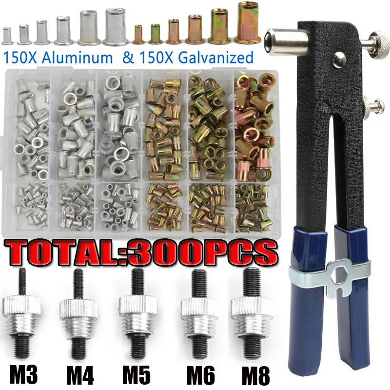 300PCS M3 M4 M5 M6 M8 M10 Zinc Plated Carbon Steel Aluminum Rivet Nuts Knurled Rivnut Flat Head Threaded Rivet Insert Nutsert