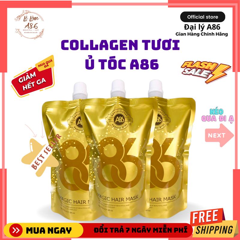  COLLAGEN TƯƠI A86 - Ủ HẤP PHỤC HỒI SIÊU BÓNG MƯỢT- Chất kem đặc mịn - Phục hồi trước và trong khi làm hóa chất - Cân bằng PH sau mềm hóa –  Nữ Women -  Chăm Sóc Tóc Dưỡng Tóc  Dung tích 500ml 