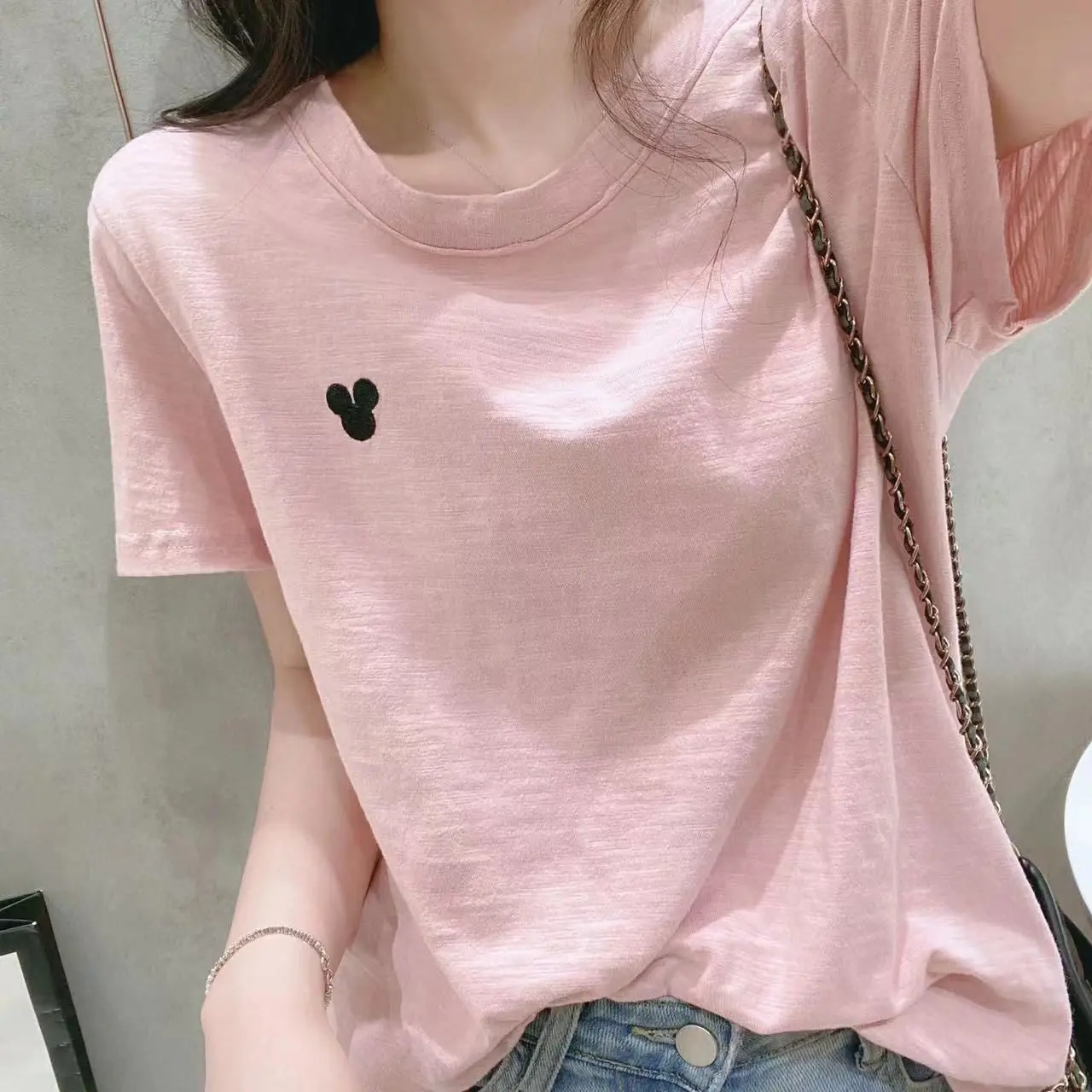 Áo Thun Cotton Tre Thêu, Cổ Tròn, ngắn Tay Màu Hồng, Dành Cho Nữ, Dáng Rộng Và Bó Sát, Áo Cơ Bản, Thích Hợp Cho Mùa Hè Năm 2025