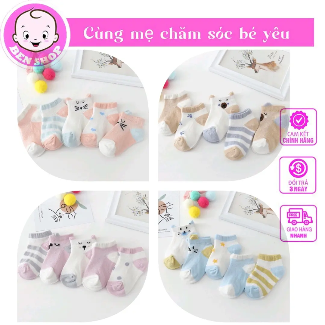 Set 5 Đôi Vớ Tất Lưới Điều Hòa Hình Thú Cho Bé Từ 0-2 Tuổi