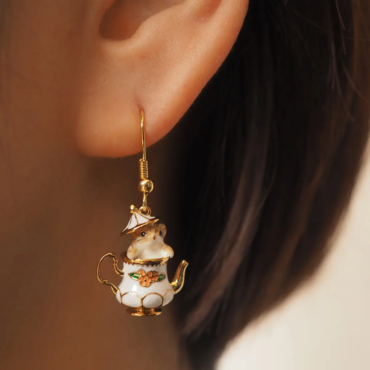 Wholesale European and American Enamel Glaze Cartoon Fun Tea Cup Cute Mouse Tassel Earrings Ear Jewelry
