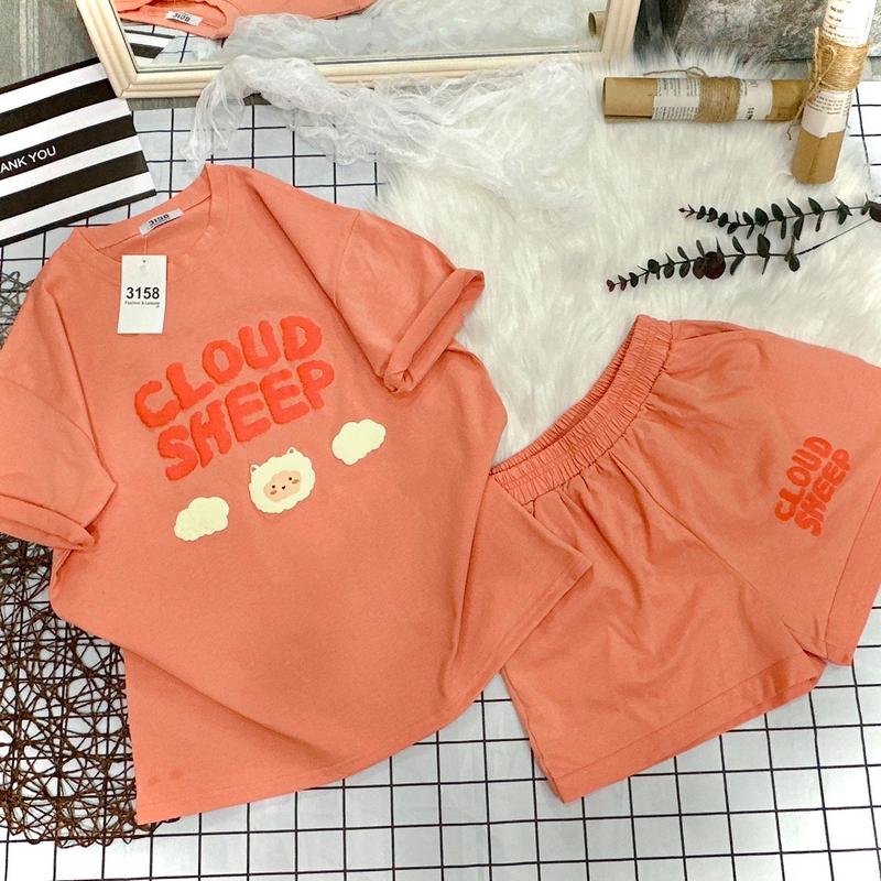 M02 Bộ Thun 3158 tay ngắn cô tông khô in [S.H.E.E.P] dài áo 70cm Cotton