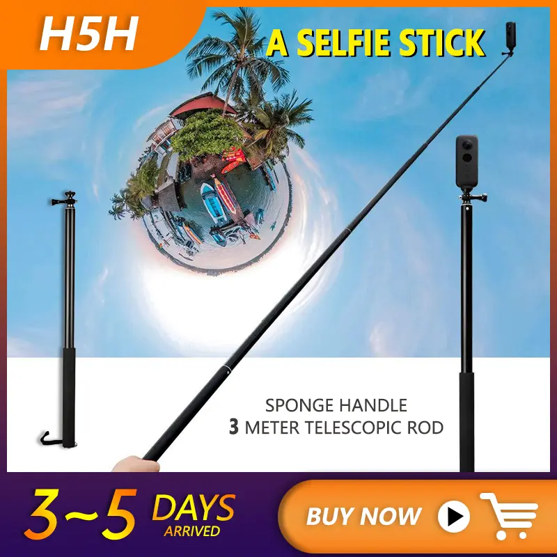 ไม้เซลฟี่โมโนพอด, อะลูมินัมอัลลอยสีดำ 3 ม., เข้ากันได้กับ insta360 x3/one x/one x 2/one r/gopro, อุปกรณ์เสริมกล้อง
