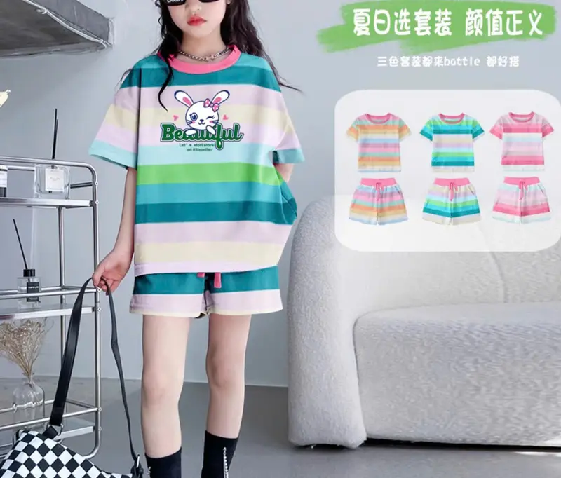 Bộ cộc tay bé gái mùa hè mẫu 7 sắc cầu vồng sz 9-45kg chất liệu tixi mềm mát 4