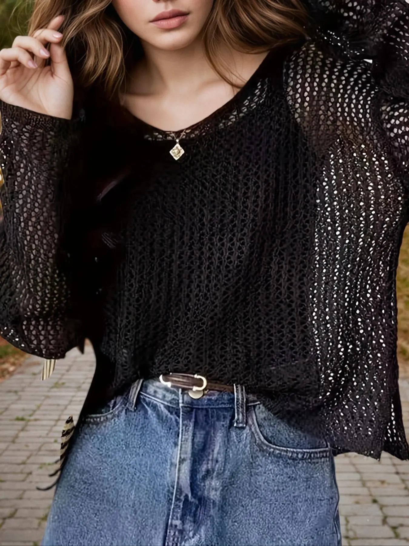 Women's Plain Hollow Out Cold Shoulder Sweater, Elegant Fashion Casual Long Sleeve Jumper for Daily Outdoor Wear, Women Knitwear for Spring, Tops
