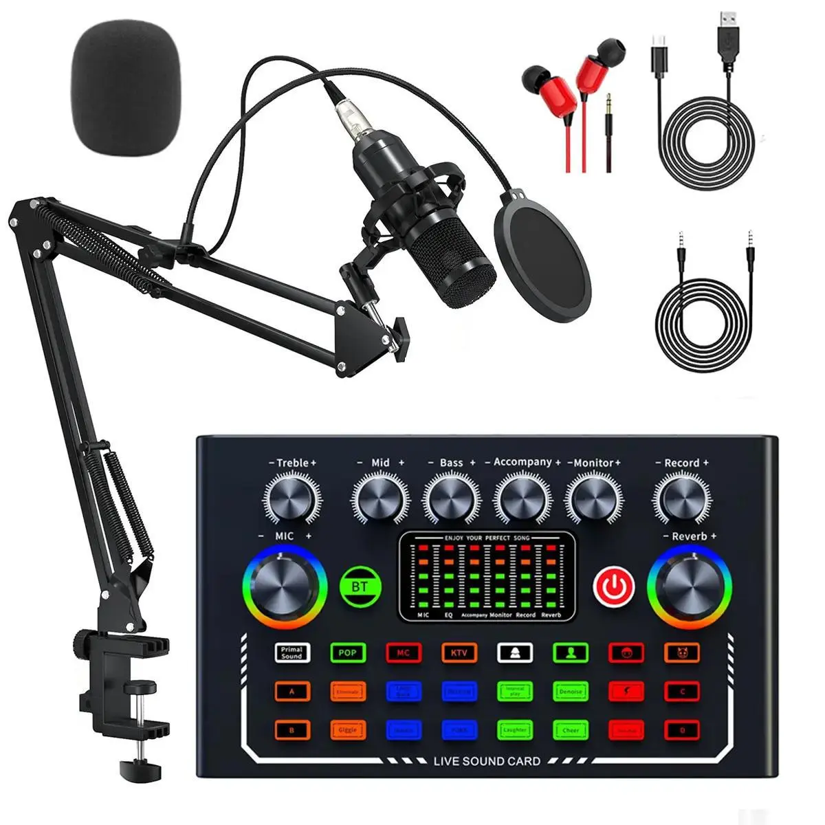 Live Sound Card, Podcast Equipment Bundle with Studio Microphone, Professional Live Sound Card with DJ Mixer Effects and Voice Converter for Live Gaming YouTube TikTok