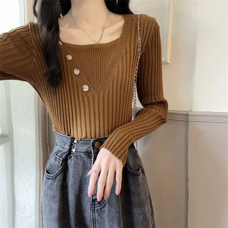 Atasan Oblong Knit Rajut Lengan Panjang Wanita Kaos Oneck Style Korea Baju Kancing 3