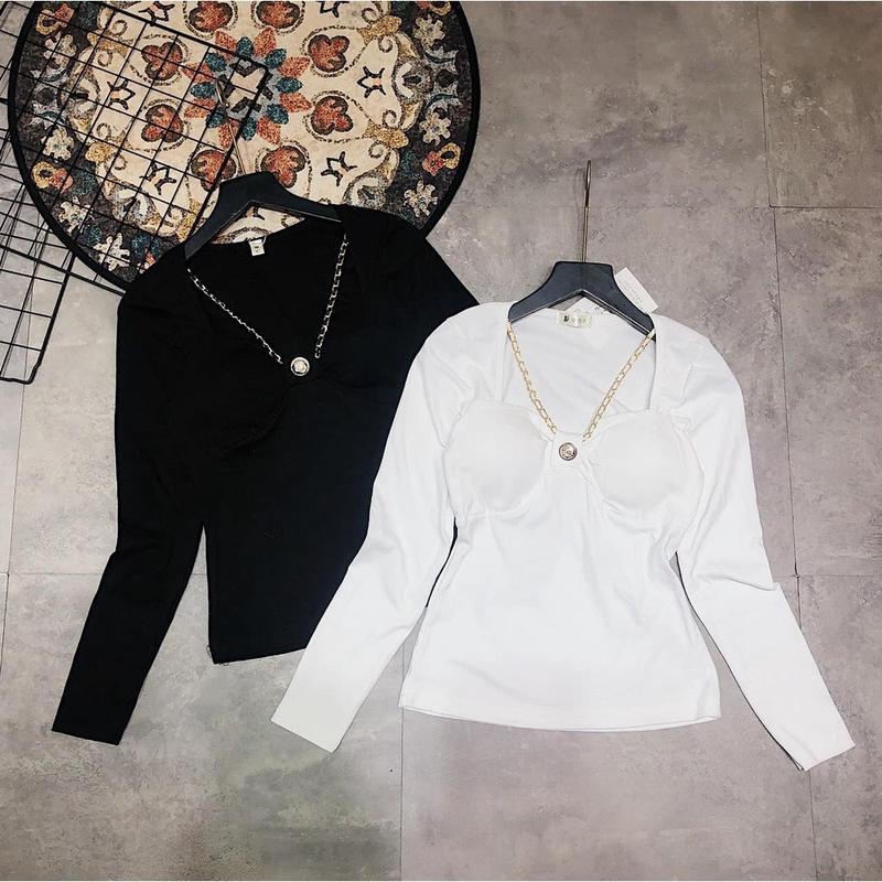 Áo croptop nữ tay dài phối xích có mút ngực Áo croptop nơ ngực kèm dây xích Cổ Tròn Sơ Mi Women 1