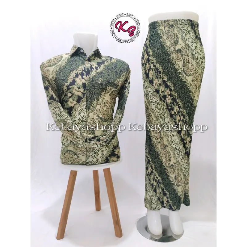 couple kemeja batik panjang dan rok plisket batik Baju Kancing Katun Kondangan Lembut Seragam Wanita Pasangan 4