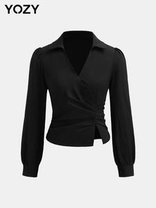 YOZY Women's Plain Ruched Asymmetrical Blouse, Elegant Bishop Sleeve Collared Top for Work Office Business, Ladies Clothes for All Seasons