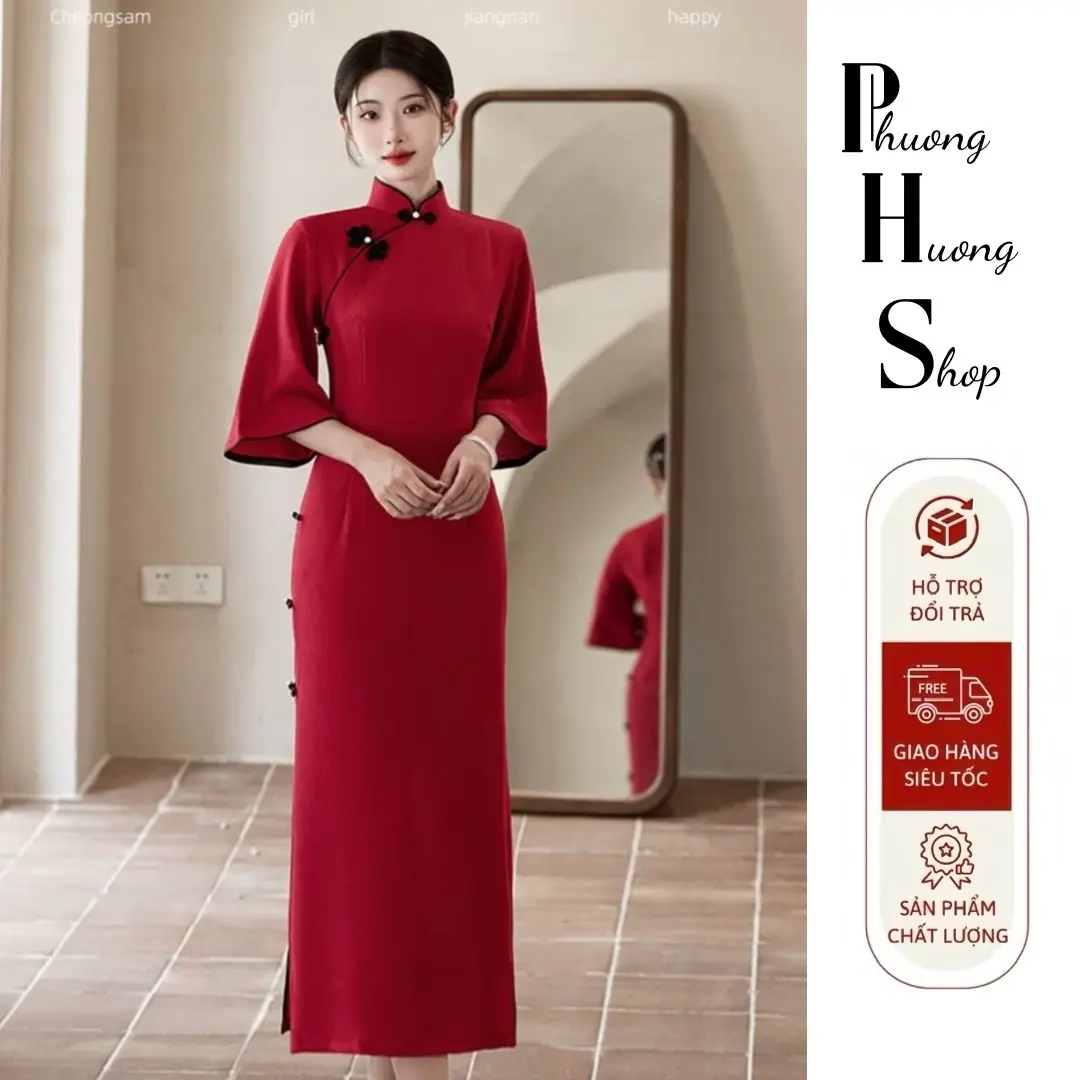 Sườn xám B3_2 dáng dài xẻ nhẹ 2 bên dưới gối, tay lửng phối nút ngọc sang trọng thanh lịch nhẹ nhàng phù hợp các buổi tiệc cuối năm cho nàng toả sáng