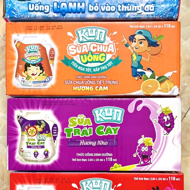 Thùng sữa Kun 24 túi 110ml (vị ổi, cam, lúa mạch, nho) - HSD 6 tháng từ ngày sản xuất