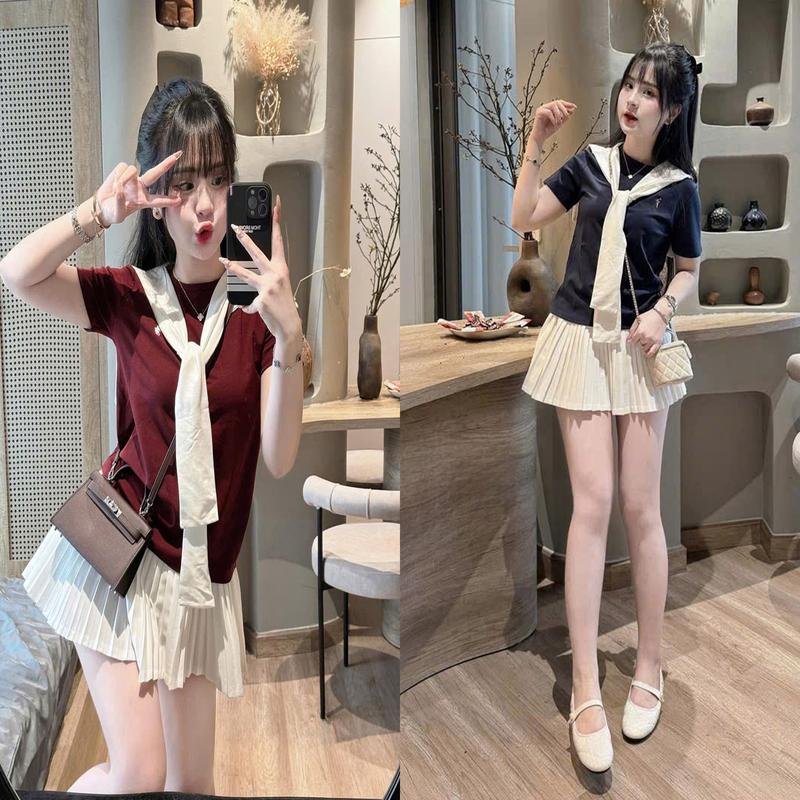   Kèm Khăng Quàng Cổ   Set Bộ Áo Bozip Chân Váy Xếp Ly Ngắn Thêu Mix Khăn Đơn Giản Dễ Phối Đồ Top Nữ Women Thời Trang News TTN266 