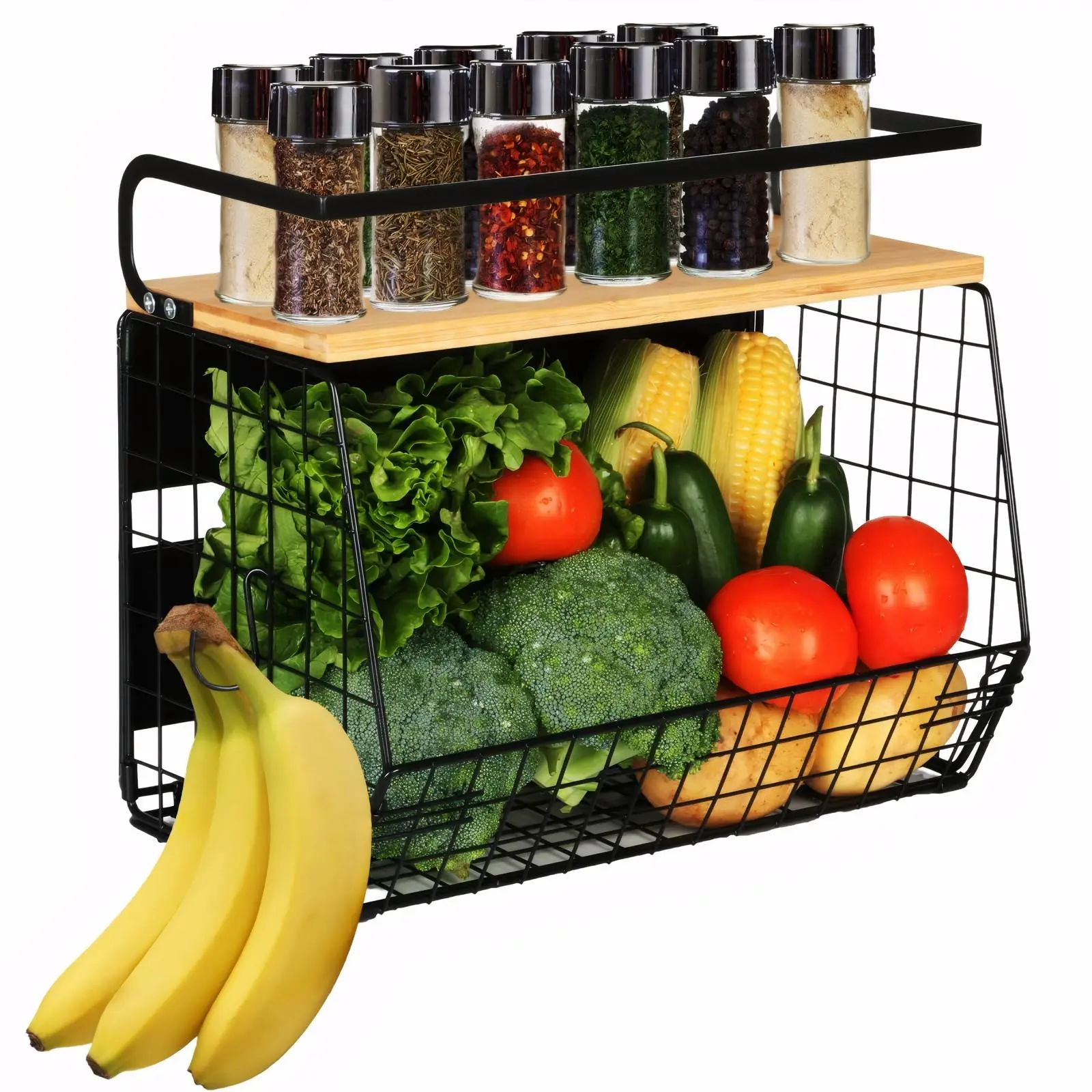 Magnetic Shelf for Fridge with Wood Lid, 1 Count Fruit & Vegetable Storage Bins, Pantry Organizers & Storage, Large Container Magnetic Spice Rack for Refrigerator, Kitchen Counter, Cabinet