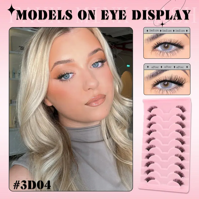 Fluffy False Eyelashes, 10 Pairs Natural Half-eye Curling Wispy Faux Cluster Lashes, Volumized False Eyelashes for Women and Girls, Makeup, Thick Volume 8