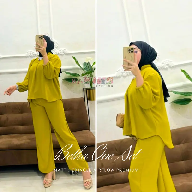 Betha One Set Crincle Airflow Premium / Setelan Kantor / Baju Setelan Wanita V Neck Atasan Bawahan Celana Kulot Panjang 0