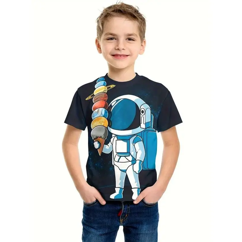 Pakaian Kanak-kanak, Gaya Korea, Rekaan Angkasawan Makan Planet Aiskrim 2024, Baju-T Musim Bunga untuk Kanak-kanak
