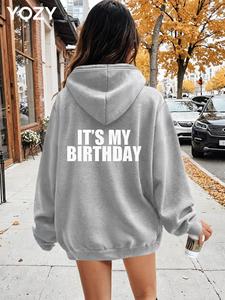 YOZY Women's Letter Print Drop Shoulder Long Sleeve Hoodie, Fashion Casual Drawstring Pocket Hooded Sweatshirt for Daily Holiday Outdoor Wear, Women Clothing for Fall & Winter