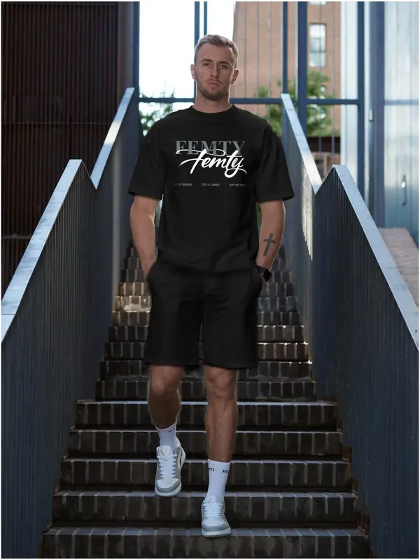 Men's Letter Print Tee & Shorts Set, Regular Fit Casual Round Neck Short Sleeve T-shirt & Track Shorts, Men's Summer Clothes, Menswear 0