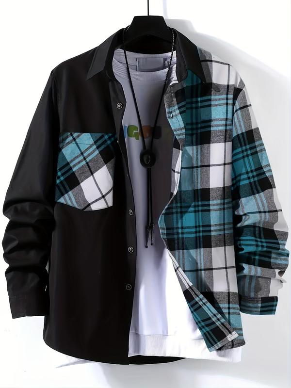 Men's Plaid Print Button Front Pocket Shirt, Regular Fit Casual Long Sleeve Collared Top for All Seasons, Men's Clothes for Daily Wear, Menswear 3
