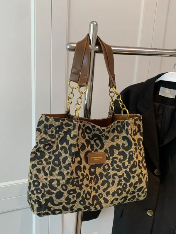 Fashion Leopard Pattern Tote Bag, Lightweight and Versatile Shoulder Bag, Casual Large Capacity Commuting Bag, Shopping Bag, Solid Color Bag 5