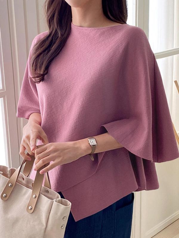 Women's Plain Keyhole Neck 3/4 Sleeve Blouse, Casual Solid Color Top for Summer, Women's Clothing for Daily Wear 0