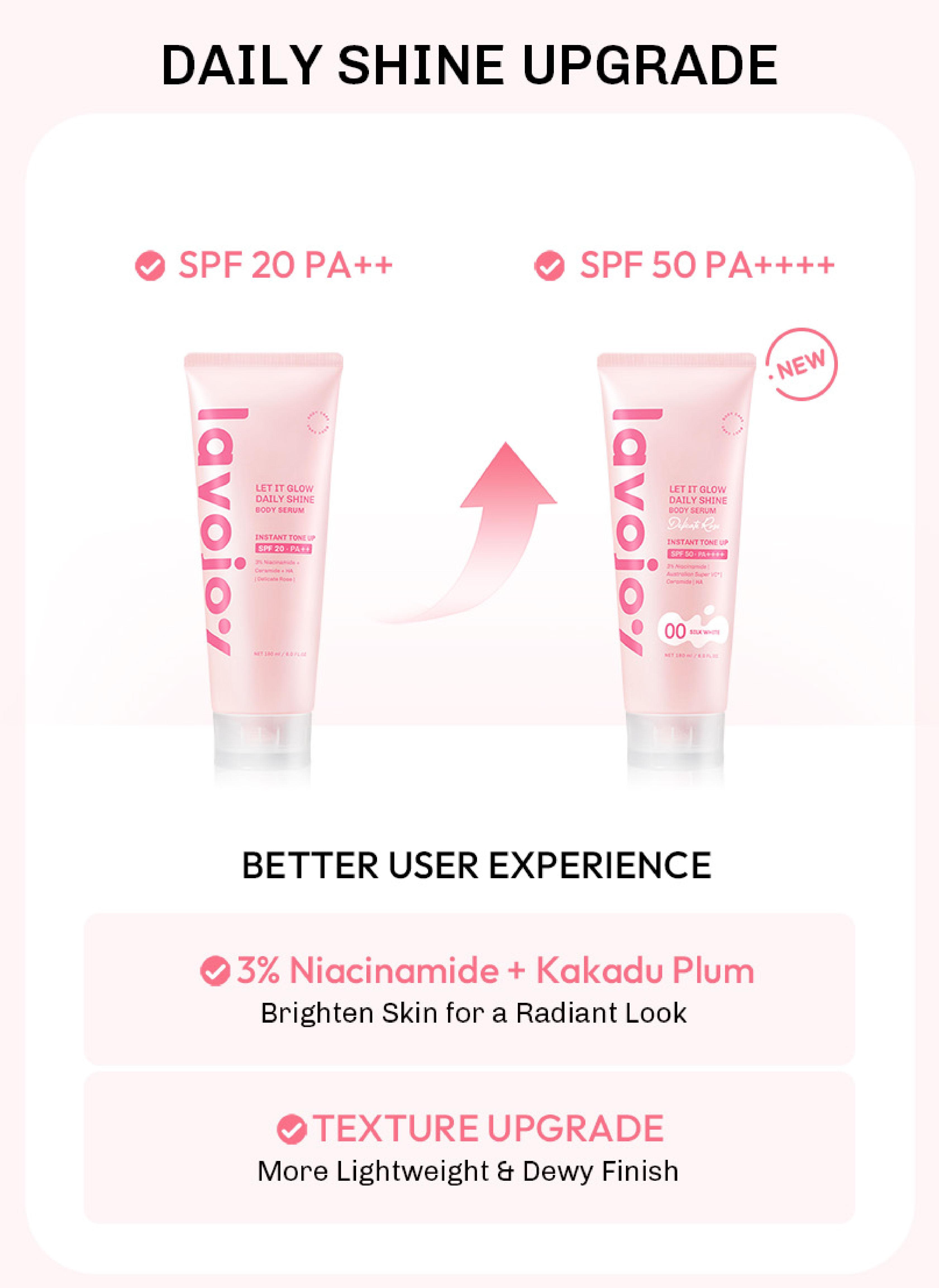 Lavojoy Let It Glow Daily Shine Body Serum Instant Tone Up Delicate Rose with SPF 50PA++++ | Body Serum untuk Perlindungan Sinar UV | Mencerahkan Seketika & Melembapkan Kulit dengan 3% Niacinamide + Australian Super VC + Ceramide