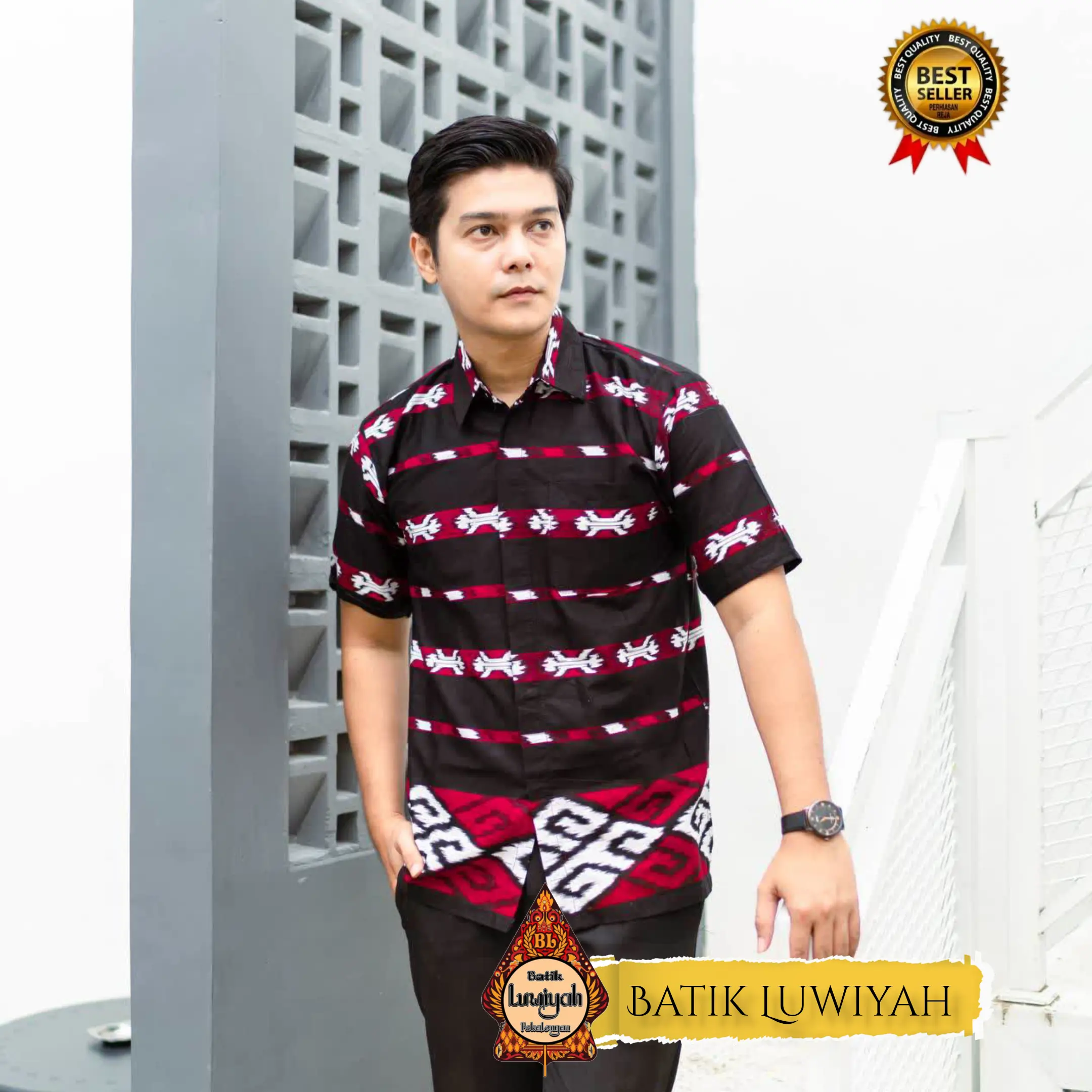 Baju Kemeja Hem Batik Pria Lengan Pendek Modern Terbaru 2023 Motif Songket Bahan Katun Proses Printing Seragam Kerja Kondangan Hitam Putih