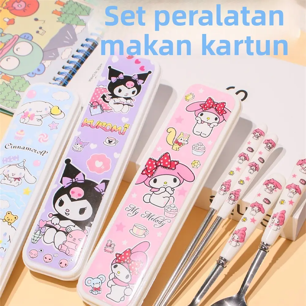 Set Peralatan Makan 3 Pcs Sendok Garpu Sumpit Stainless Steel Plastik Grade Makan - Untuk Kantoran Dan Pelajar Bawa Makan