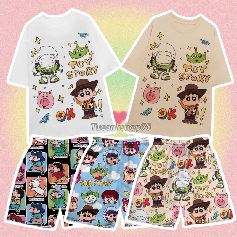 [Mẫu Mới] Set Bộ Đùi Cậu Bé Bút Chì Cushin cotton mặc nhà - Áo thun phom rộng phối Quần Short Cartoon Unisex - Set Đồ Bộ Nữ hoạt hình cute dễ thương TUEANHSHOP