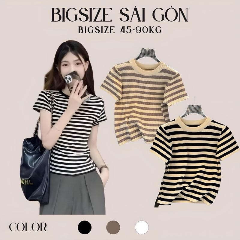 Thời Trang Bigsize Áo Thun Vải Thun Tăm 50 - 100Kg Dễ Thương Nữ Women Top Sọc Kẻ Cổ Tròn - B.1328