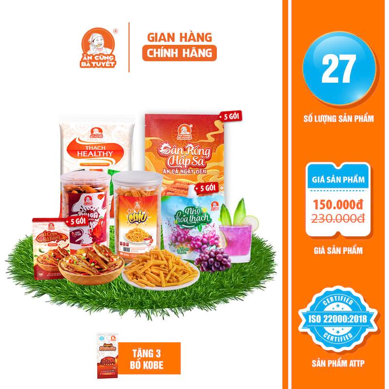 Combo ỦNG HỘ ĐỒNG BÀO :gồm 1 hũ đùi gà tê cay + 1 hũ chịu +5 gói gân rồng +5 gói nho hoá thạch +1 túi thạch healthy +5 gói cá cơm+Tặng 3 Bò kobe   ĂN CÙNG BÀ TUYẾT