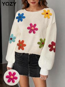 YOZY Women's Floral Embroidery Drop Shoulder Sweater, Casual Long Sleeve Round Neck Jumper for Fall & Winter, Fashion Ladies' Knitwear for Daily Wear