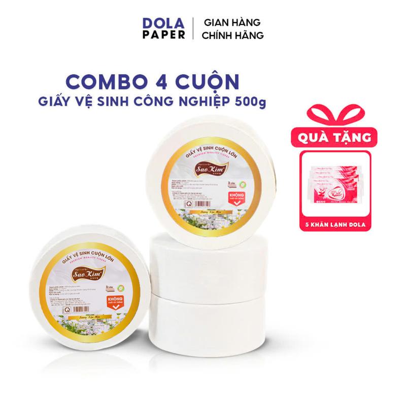 TẶNG KHĂN LẠNH Giấy vệ sinh công nghiệp cuộn lớn Sao Kim 500gr giấy 3 lớp dai mềm mịn tan nhanh trong nước - COMBO 4 cuộn giay cuon giay rut