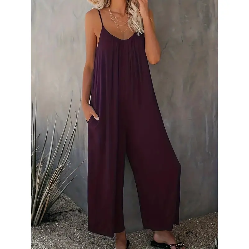 Plus Size Basic Jumpsuit, Women's Plus Solid V Neck Wide Leg Summer Cami Jumpsuit 6