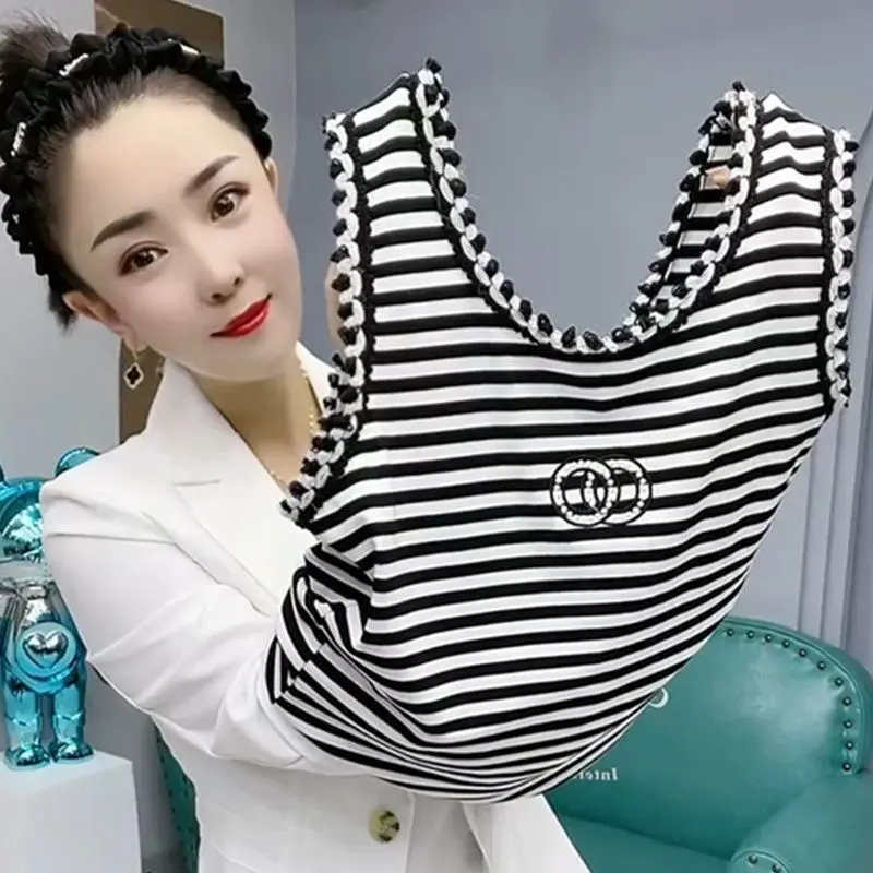 Áo Thun Phong Cách Hàn Quốc, Hàng Mới Về Mùa Hè 2024, Dành Cho Nữ, Dễ Phối, Dáng Ôm, Không Tay, Phong Cách Cổ Điển, Áo Kiểu Phương Tây, Đồ Lót Nữ, Thoải Mái, Sọc, Thường Ngày, Cổ Tròn